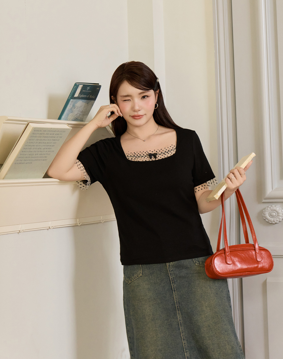 Light French style shoulder polka dot mesh patchwork top for plump girls, large size, slimming, versatile short-sleeved shirt 65378 pic 46