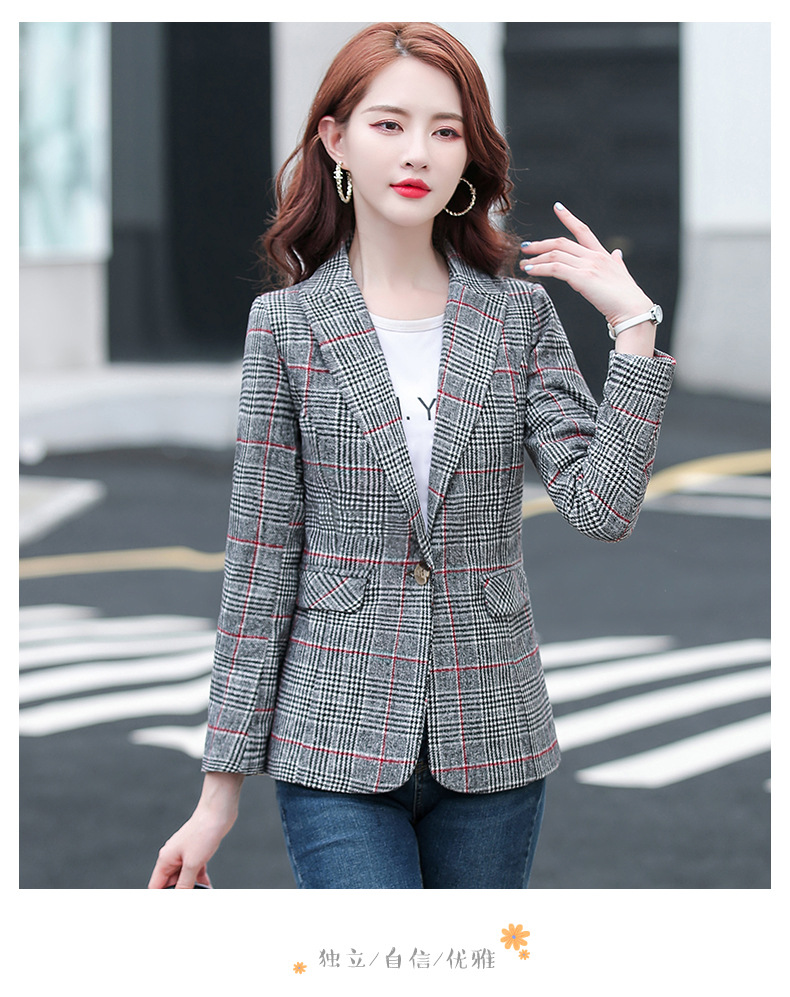 实拍 小西装外套女2022年秋装新款韩版短款时尚休闲女士格子西服详情19