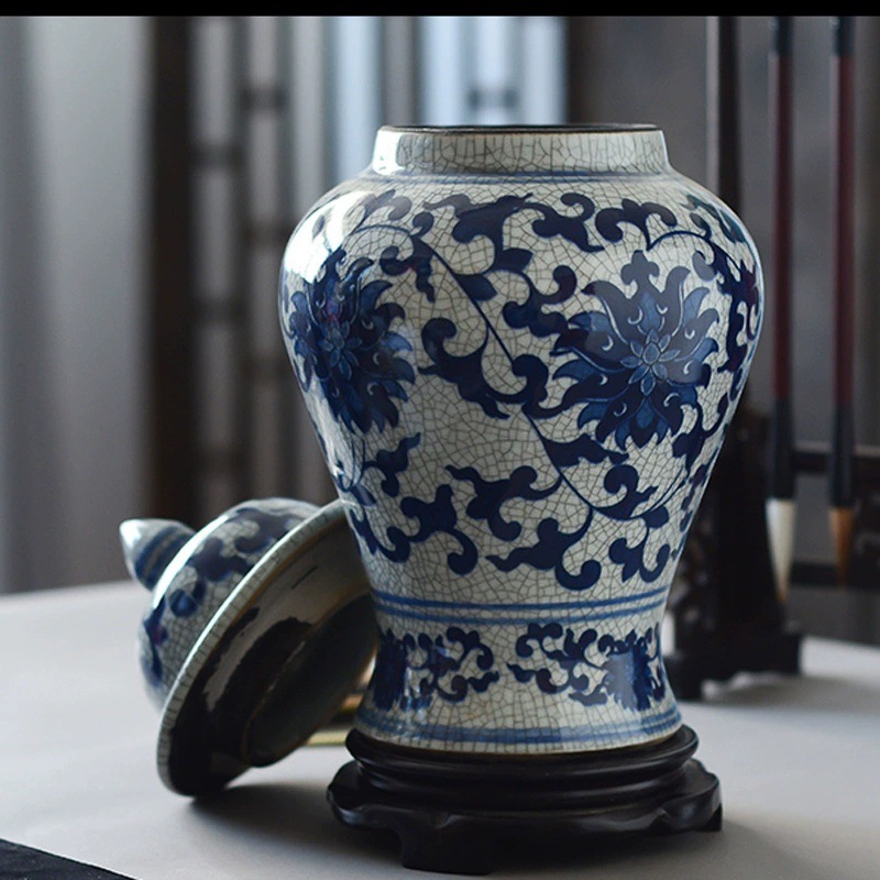 景德镇陶瓷花瓶青花陶瓷将军罐家居装饰工艺品仿古官窑裂纹釉摆件详情3