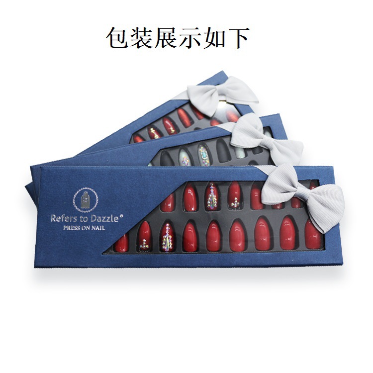 24-piece pointed-head bride wearing nail jewelry, false nail patches, scallion powder with diamonds and adhesive back nail patches gift box toolkit pic 55