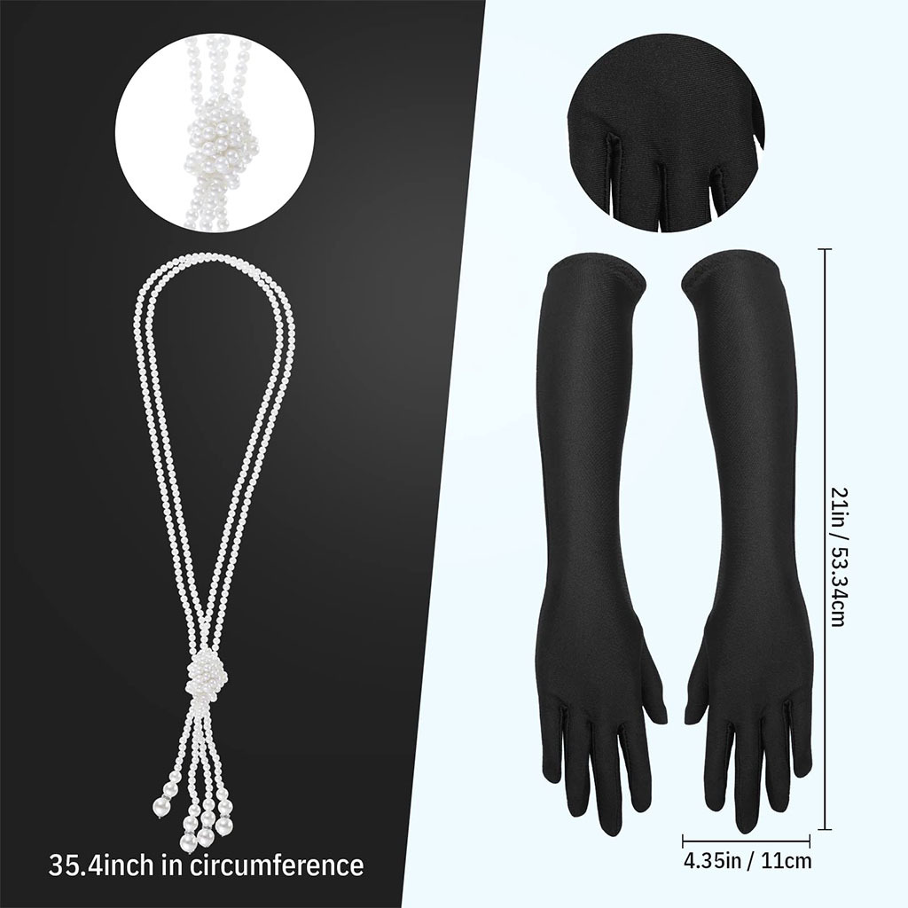 Gatsby Party Feather alloy headband, pearl necklace, cigarette stick glove set, retro Hepburn outfit accessories pic 19