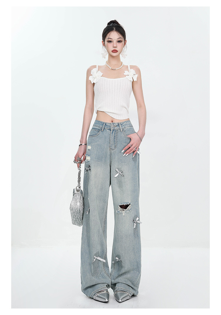 Large-sized retro three-dimensional bow ripped jeans for women with a summer design sense, high-waisted straight-leg loose wide-leg pants pic 7