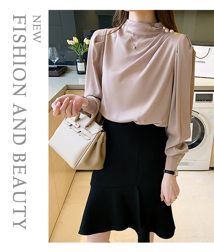 外贸供货2023轻熟气质立领褶皱灯笼袖时尚长袖上衣宽松女士衬衫详情14