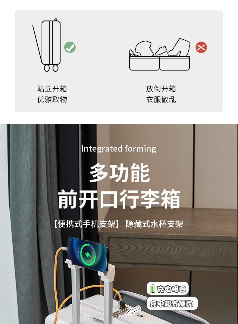 一件代发20寸前置开口行李箱男女新款多功能密码旅行箱拉杆箱批发详情12