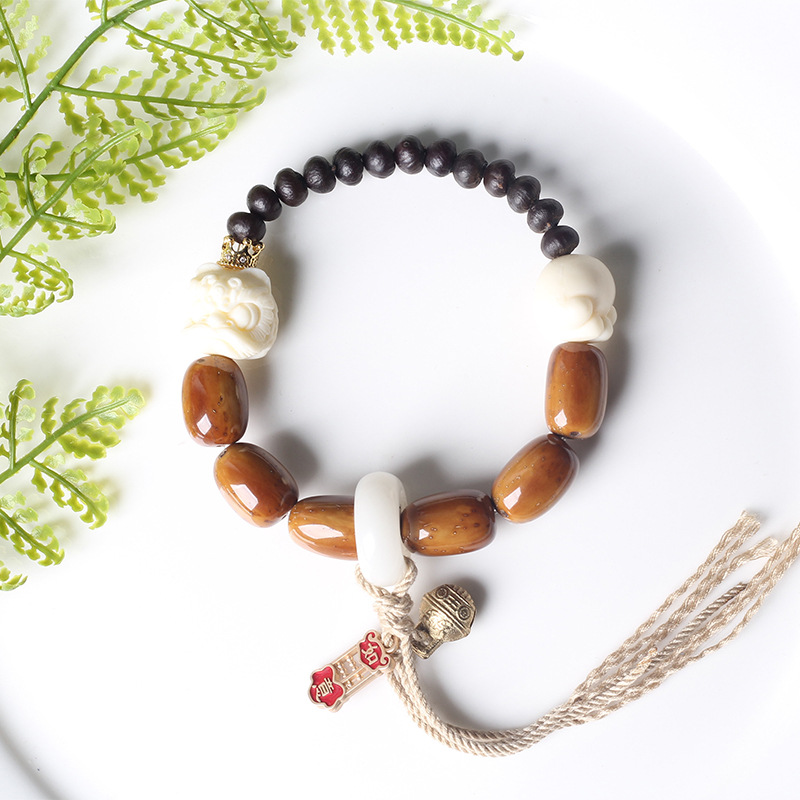 民族风白玉菩提跑环手串紫金鼠象牙果醒狮手链单圈文玩手饰品详情8