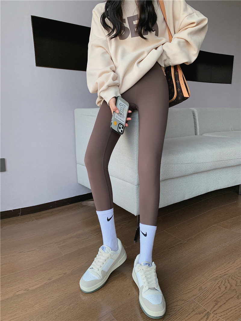 Nude shark pants for women, autumn Barbie pants, coffee-colored high-waisted, belt-cinching and hip-lifting yoga base tights pic 24