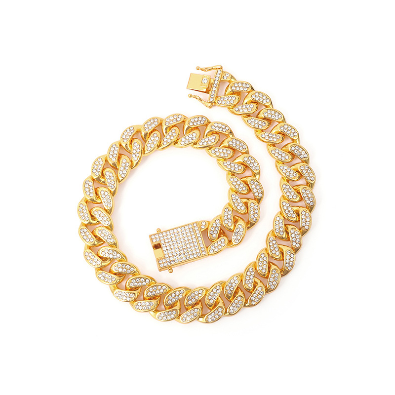 欧美合金线条古巴链镶钻手链13毫米满钻男女士嘻哈风镀金项链详情8