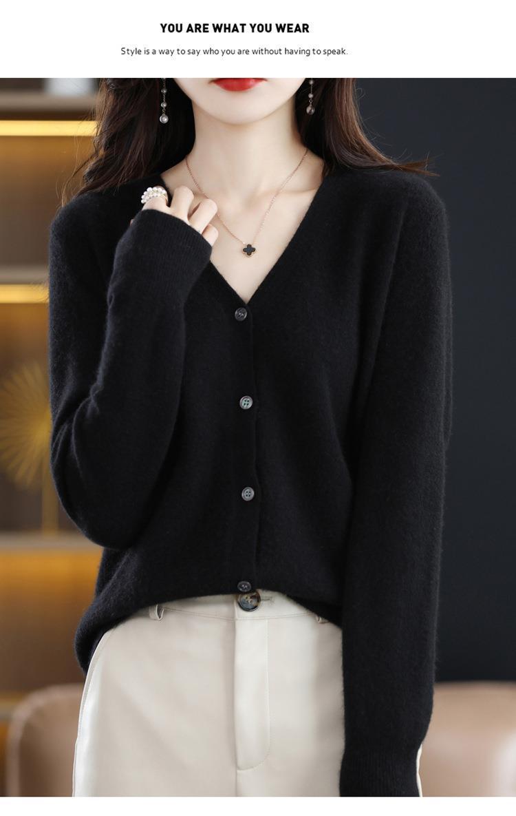 New Spring and autumn knitted cardigan for women, V-neck loose short solid color long-sleeved versatile sweater coat made of wool blend pic 66