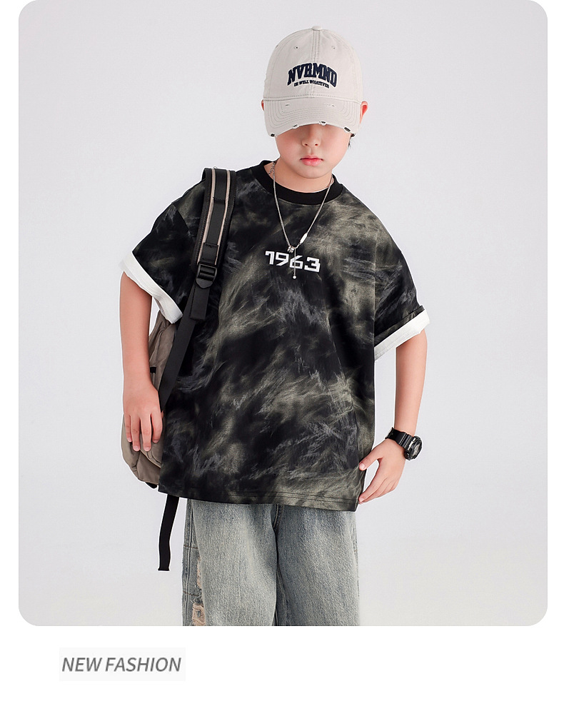 男童夏季痞帅扎染重工短袖T恤2025新款儿童男孩夏装半袖冰感上衣详情9