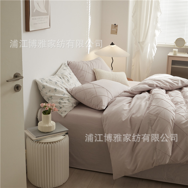 Wholesale of high-quality three or four-piece sets of washed cotton 40-count hand-knitted rhombus-shaped checkered plain pure cotton bedding pic 40