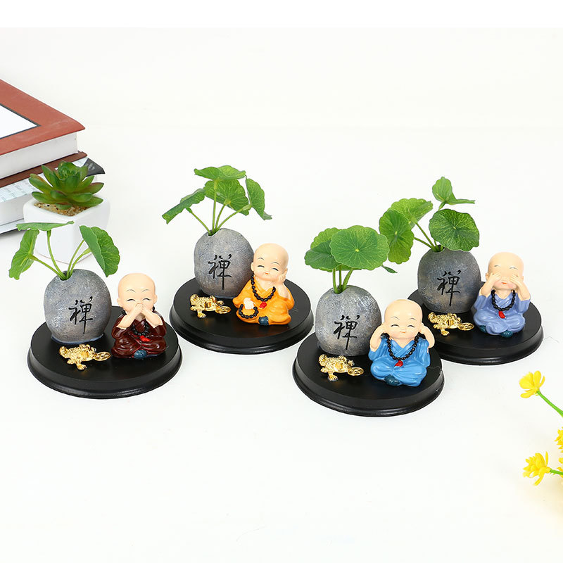 汽车小摆件禅意古风荷叶仿真绿植铜钱草佛珠小和尚车载中控台装饰详情2