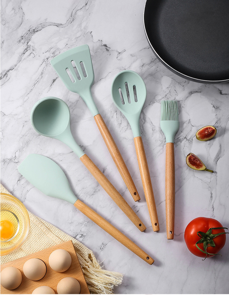 【 Cross-border 】 12-piece silicone kitchen cooking set, non-stick pan spatula and spoon storage, 11-piece silicone large bucket pic 19