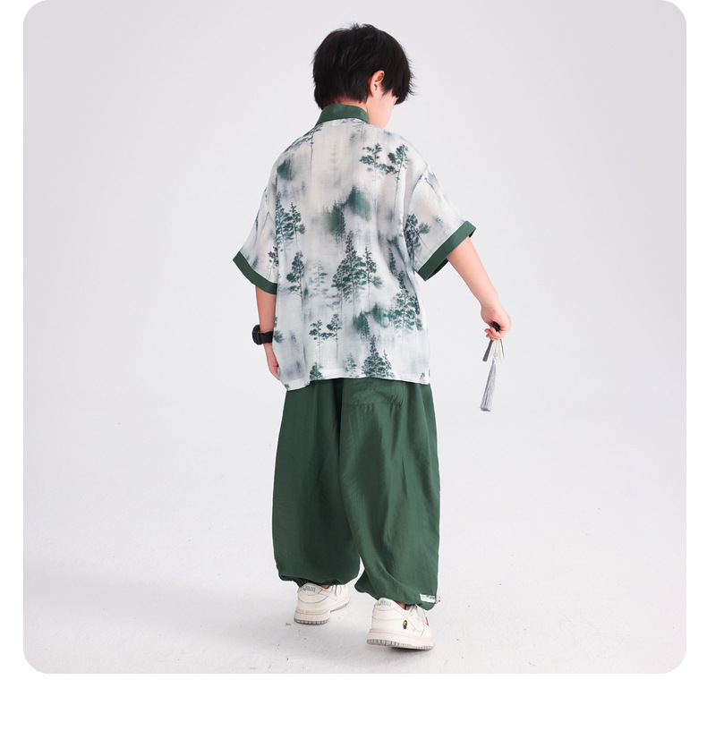 国潮男童夏季日常可穿汉服短袖套装2025新款小学生儿童古装演出服唐装详情10