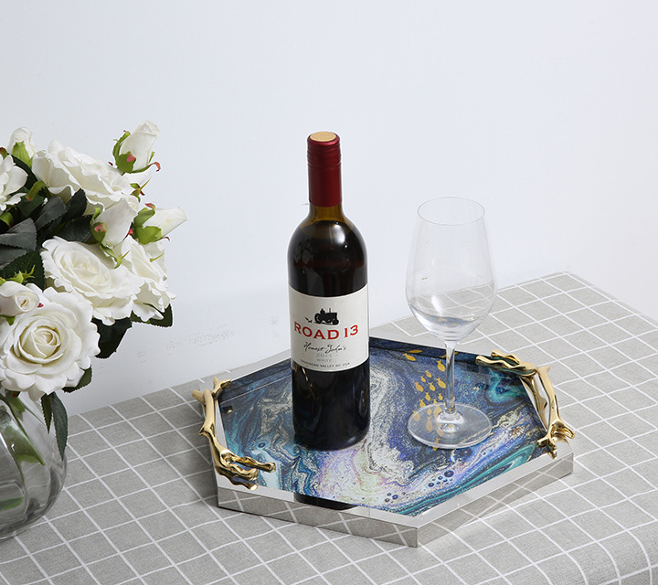 Nordic light luxury style creative glass fruit plate, home tea tray, storage tray, living room decoration plate, display plate with copper handle pic 6
