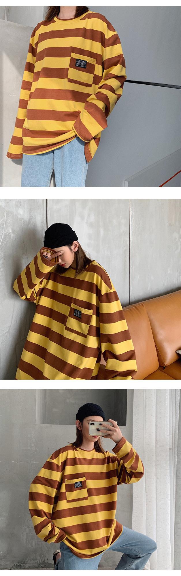 Cross-border striped T-shirt for women 21 New striped long-sleeved T-shirt for women on Instagram Harajuku loose Korean-style top in stock pic 17
