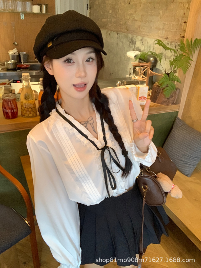 法式千金早春压褶小众气质名媛甜美系带蝴蝶结衬衫女长袖白衬衣女详情13