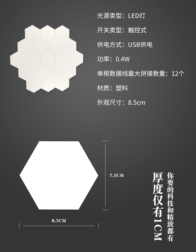 新款蜂窝六角边形拼接灯触摸壁式床头led小夜灯氛围装饰暖光灯详情5