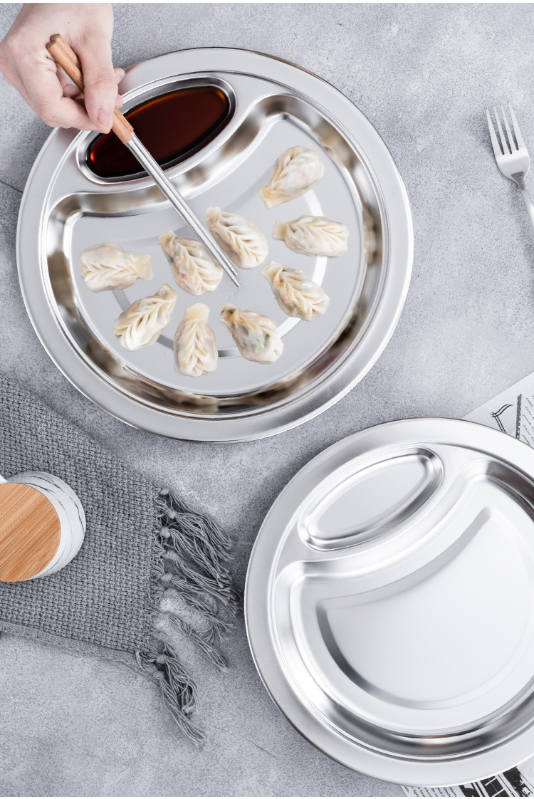 Non-magnetic dumpling plate, stainless steel fast food plate, hotel room dinner plate, household stainless steel dumpling plate with vinegar dish, cafeteria pic 5