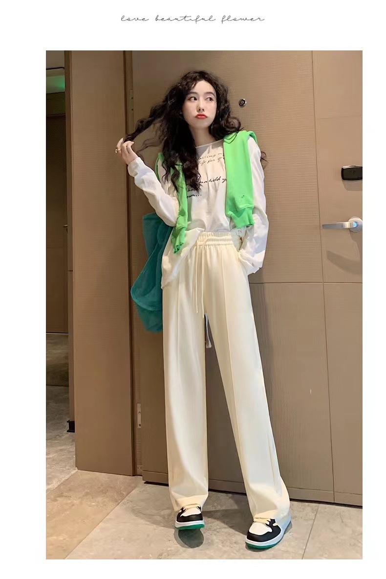 新款珠地棉垂感直筒裤高腰休闲阔腿裤女士春夏拖地裤舒适免烫长裤详情19