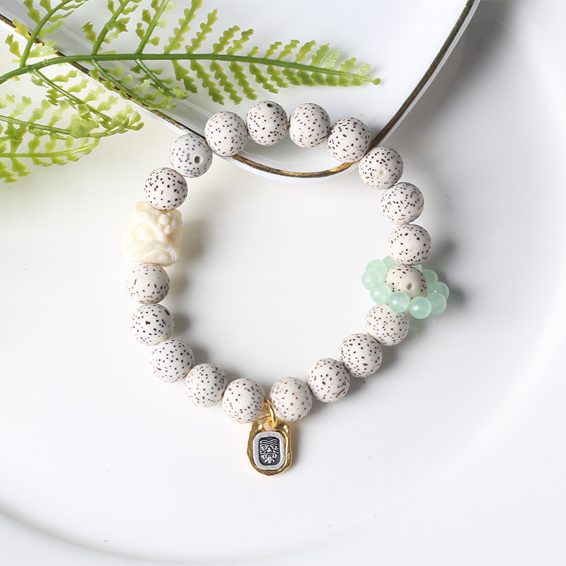 Retro star and moon Bodhi single-loop bracelet, national trend white jade Tara, lion dance running ring bracelet, Buddhist prayer beads, cultural and artistic jewelry pic 5