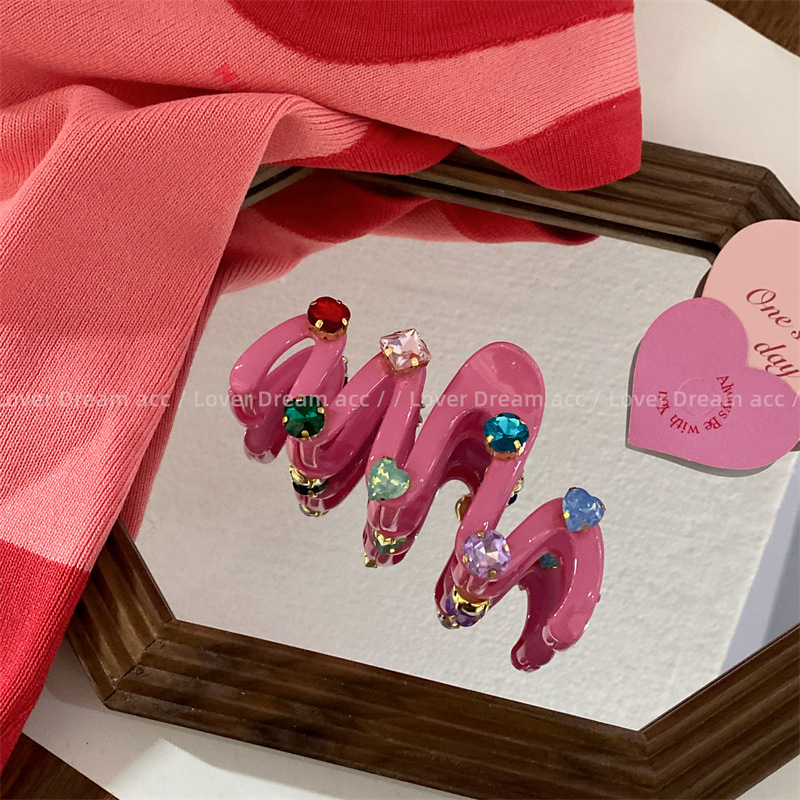 韩国新款复古彩色水钻粉色鲨鱼夹发夹 中古风抓夹网红时尚发饰女详情14