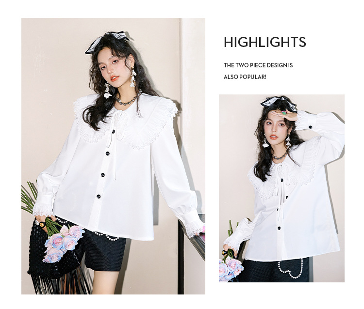 The new long-sleeved white shirt for women in the autumn of 2023, with lace trim and a doll-neck design, is a stylish shirt for women pic 22