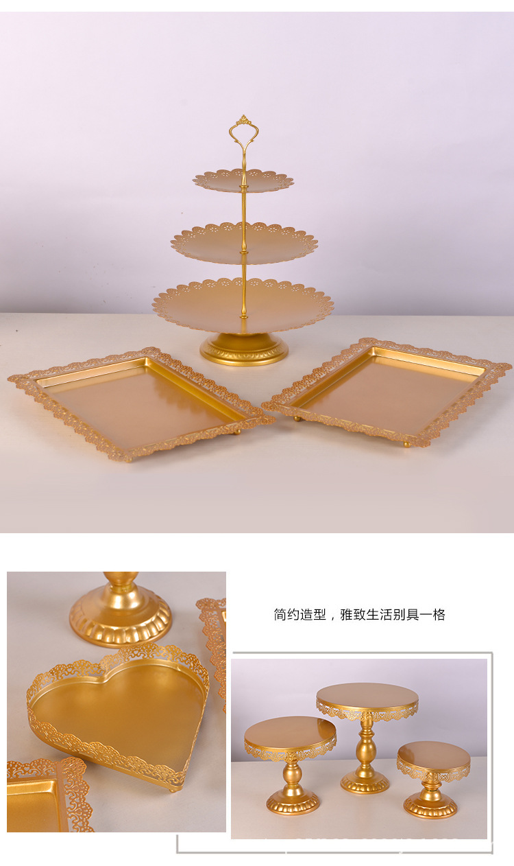 金色蛋糕架婚庆道具轻奢欧式甜品高脚托盘金属三件套晚会摆件套餐详情8