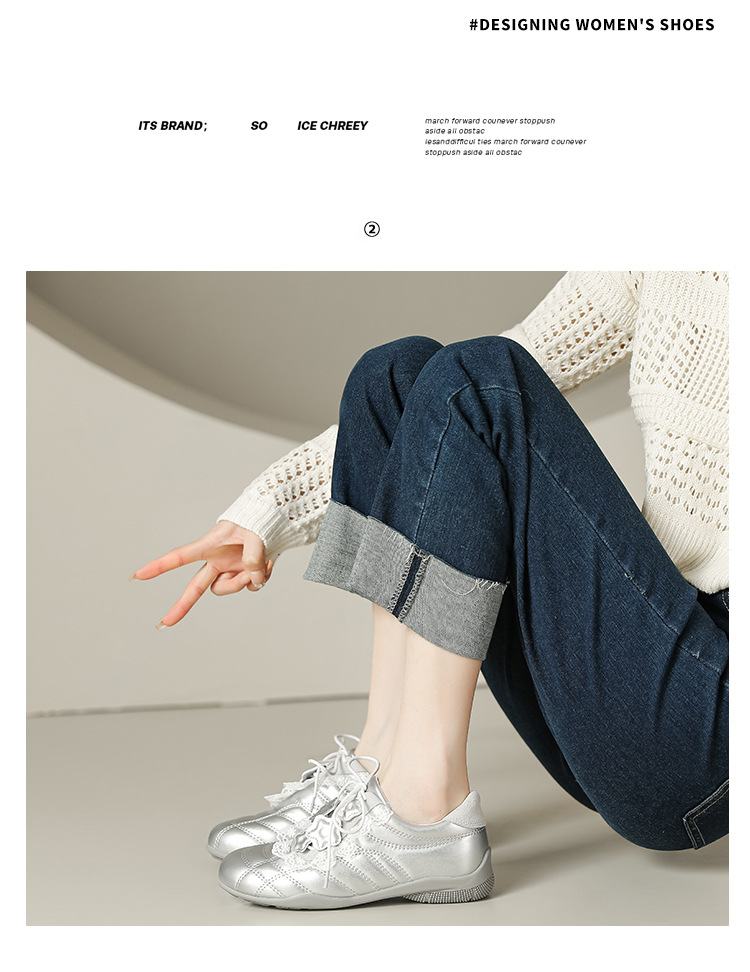 牛皮版2025春季新款银色斜带蕾丝边设计德训鞋舒适运动芭蕾舞女鞋详情15