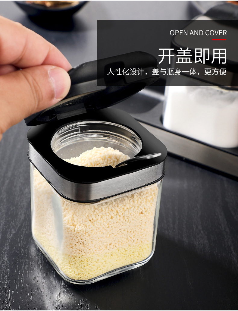 New product direct supply from the manufacturer: 304 stainless steel seasoning jar three-piece set, creative kitchenware glass seasoning box set pic 6