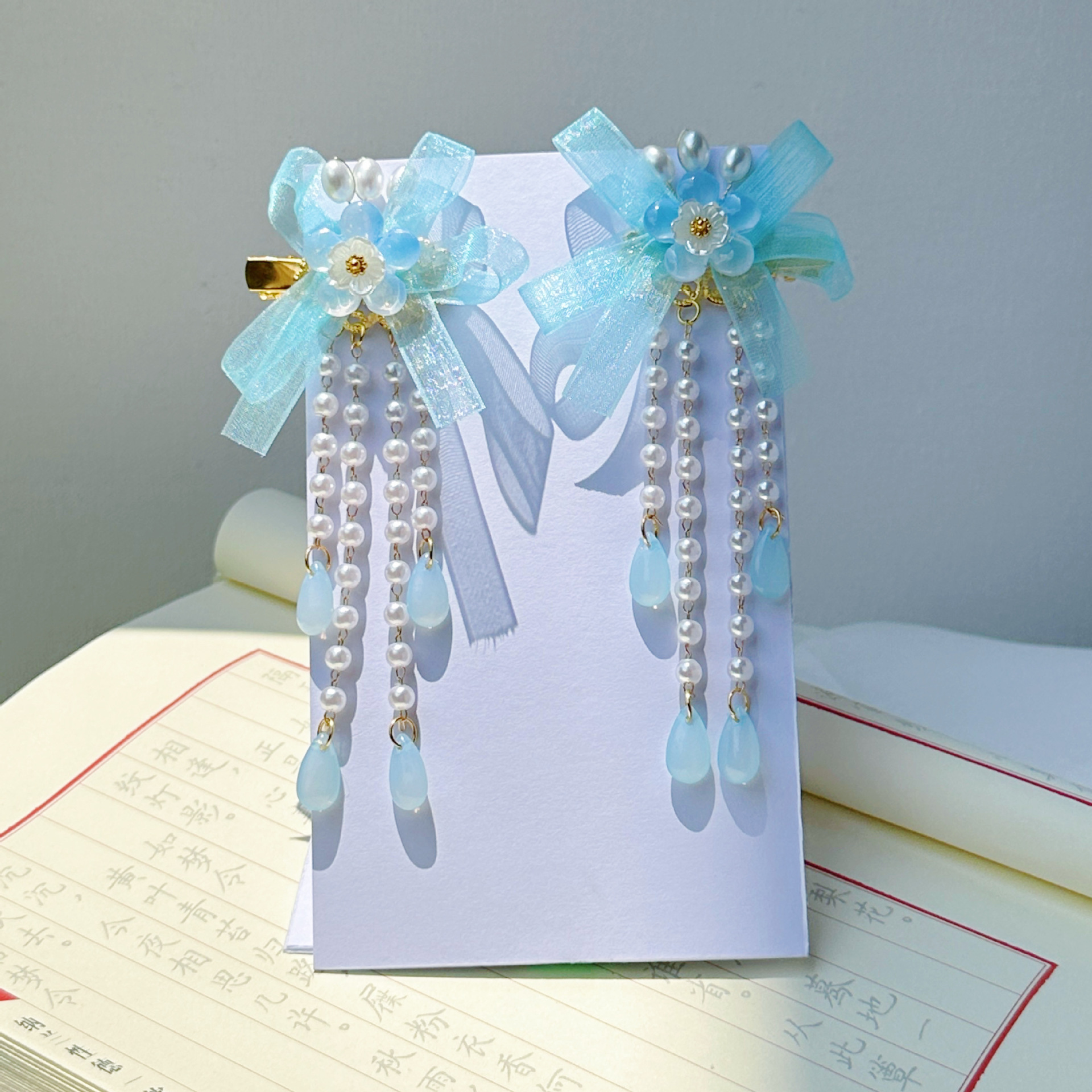 儿童发夹 国潮系列新款古风花朵蝴蝶珍珠流苏中国风琉璃对夹女孩汉服头饰详情36