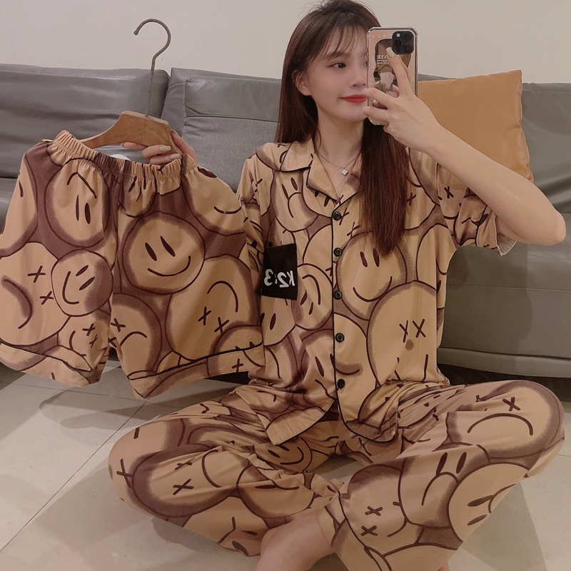 20款直播短袖开衫仿棉INS夏季情侣睡衣居家休闲宽松家居服三件套详情5