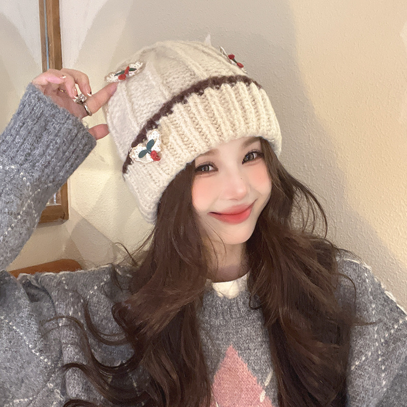 甜美毛线帽女秋冬保暖冷帽显脸小针织帽子可爱加绒女士护耳套头帽详情3