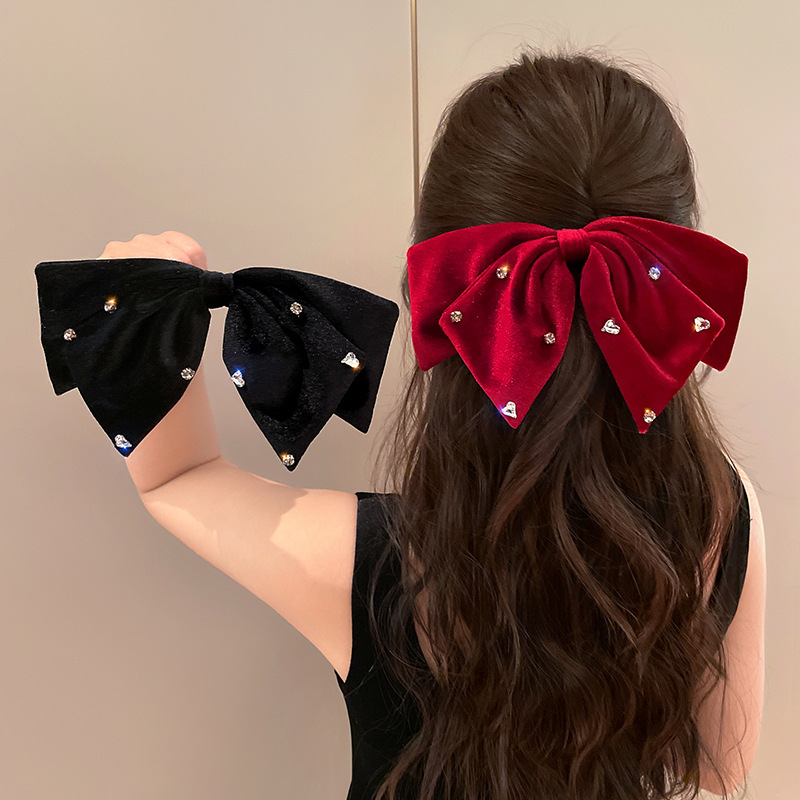 Korean elegant velvet double-layer bow spring water back hair clip, stylish top clip water diamond embellished hair clip pic 1