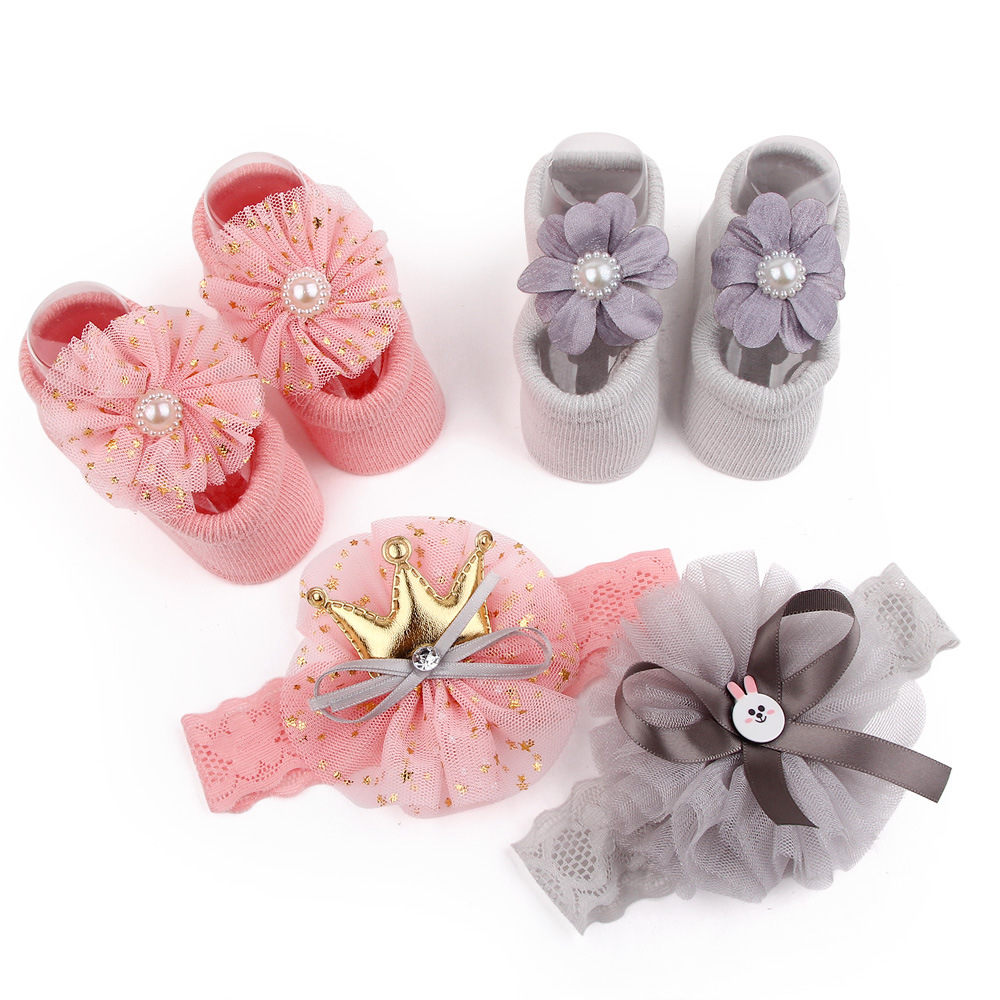 New solid color lace European and American baby socks Bow princess cute baby socks hair band set 2619 pic 2