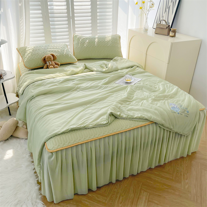 Thai solid-color cool silk latex bed skirt style cool mat four-piece set, air-conditioned quilt, soft cool mat, cool mat, summer cool quilt pic 2