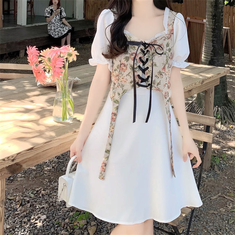大码法式气质设计感假两件连衣裙女夏季初恋甜美泡泡袖衬衫长裙子详情21