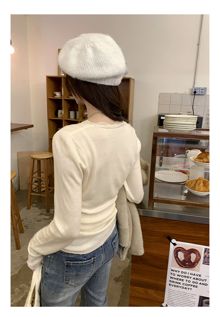 European lace patchwork, elegant long-sleeved wool knitted base layer, Korean-style autumn and winter stylish and unique top for women pic 14