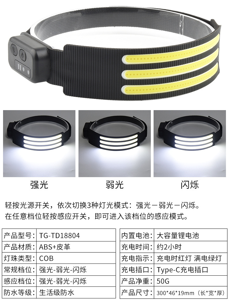New hand-waving sensor TYPE-C rechargeable headlamp, outdoor strong light COB head-mounted cycling and running red and blue light pic 11