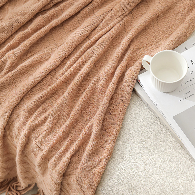 Ins-style soft solid-color acrylic warp knitted jacquard checkered blanket sample room homestay decoration camping blanket pic 14