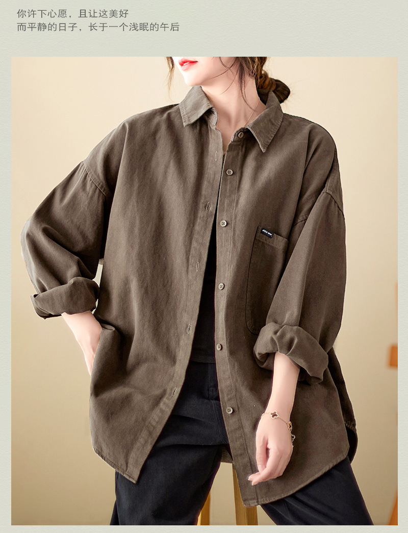 4色入纯色翻领长袖衬衫外套女宽松2024秋季新款文艺大口袋衬衣潮详情23