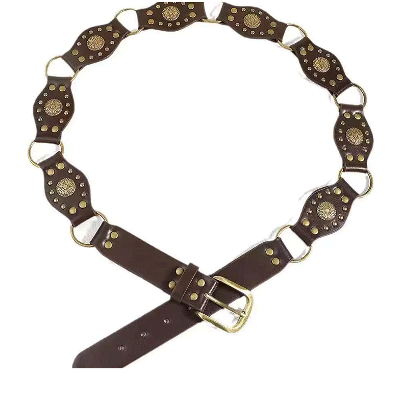 A new American-style retro loop belt with rivets for women, a brown belt paired with jeans and a Korean-style belt chain pic 7