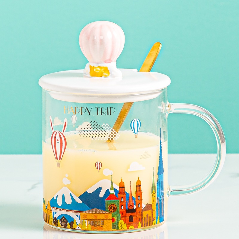 手绘卡通气球城堡玻璃杯创意情侣马克杯男女生水杯礼品早餐咖啡杯详情10