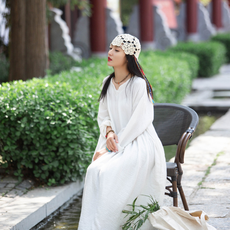 Spring and summer V-neck textured natural linen loose robe, double-layer large hem elegant long dress, retro fairy dress pic 27