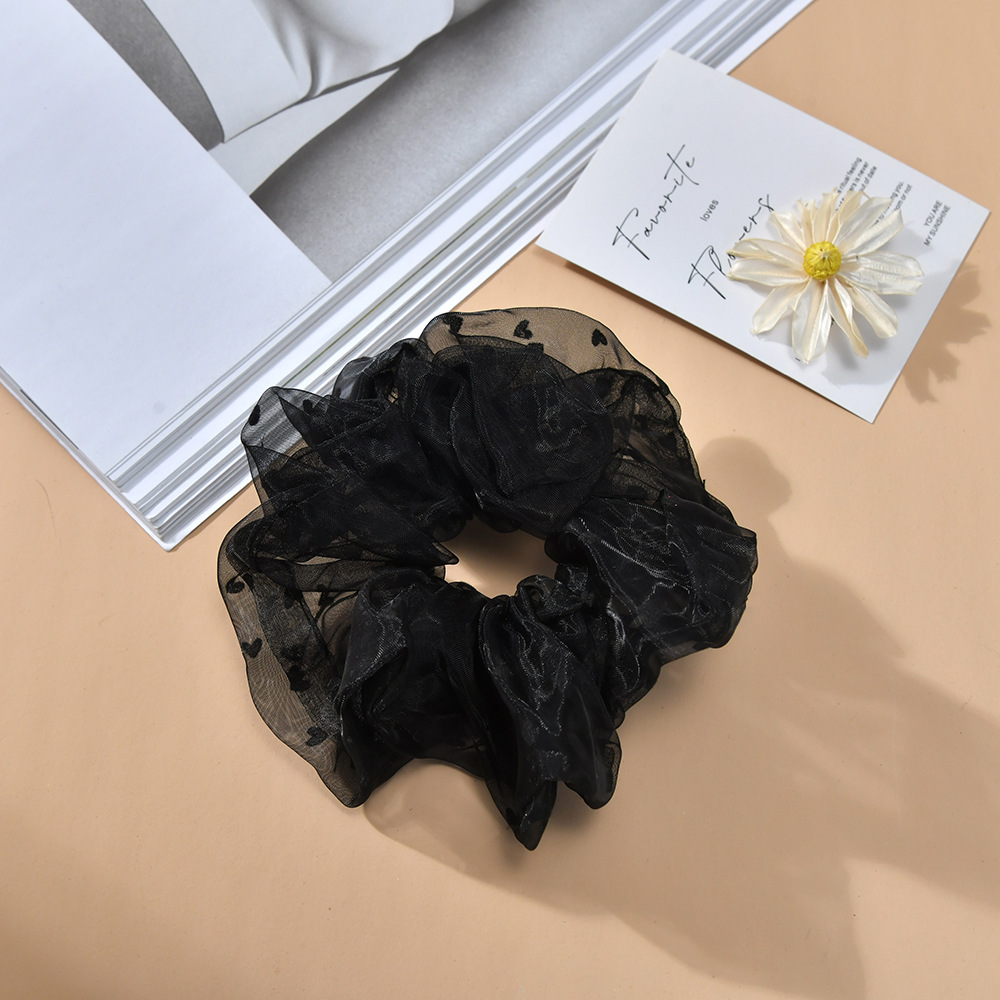 Korean style hair tie for women, summer forest-themed fairy high mesh fabric, heart-shaped flocking, versatile style, large intestine hair band manufacturer, straight hair pic 2