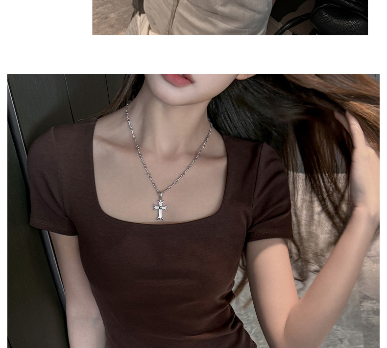 夏季纯棉方领辣妹正肩短袖t恤女式修身显瘦高级感韩系女装T恤上衣详情22