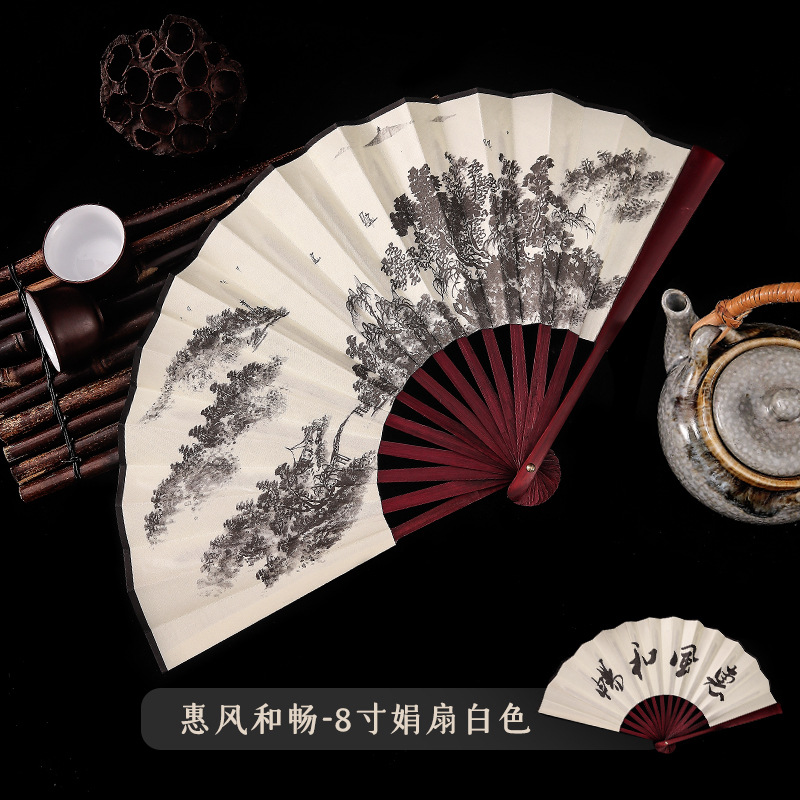 中国古风男士折扇景区热卖工艺品男扇绢布扇子山水画10寸雕刻LOGO详情17