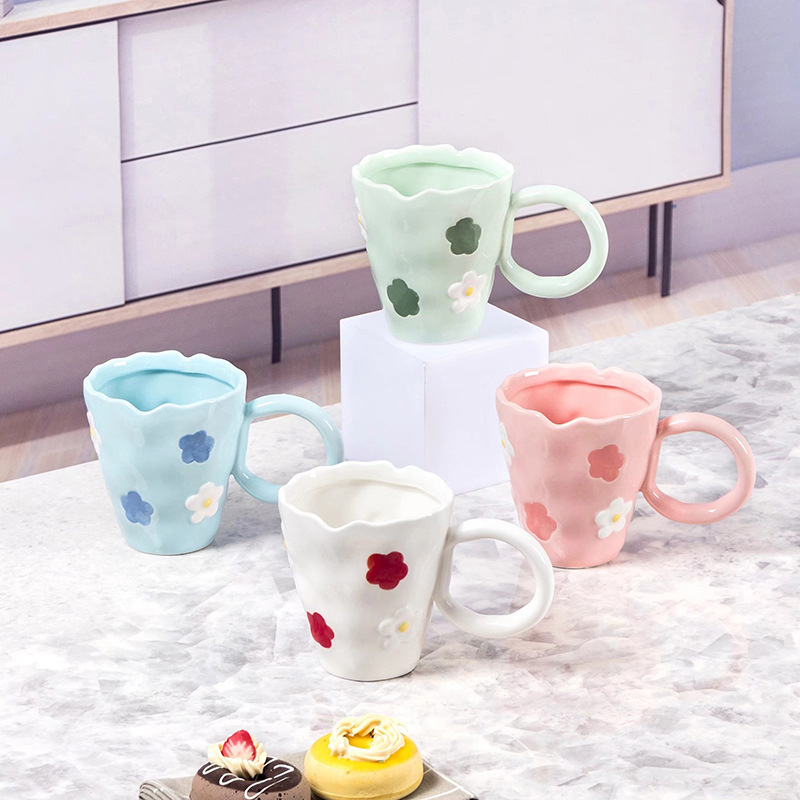 Internet-famous ceramic cups, girlish flower mugs, high appearance level drinking cups, breakfast cups, irregular water cups pic 2