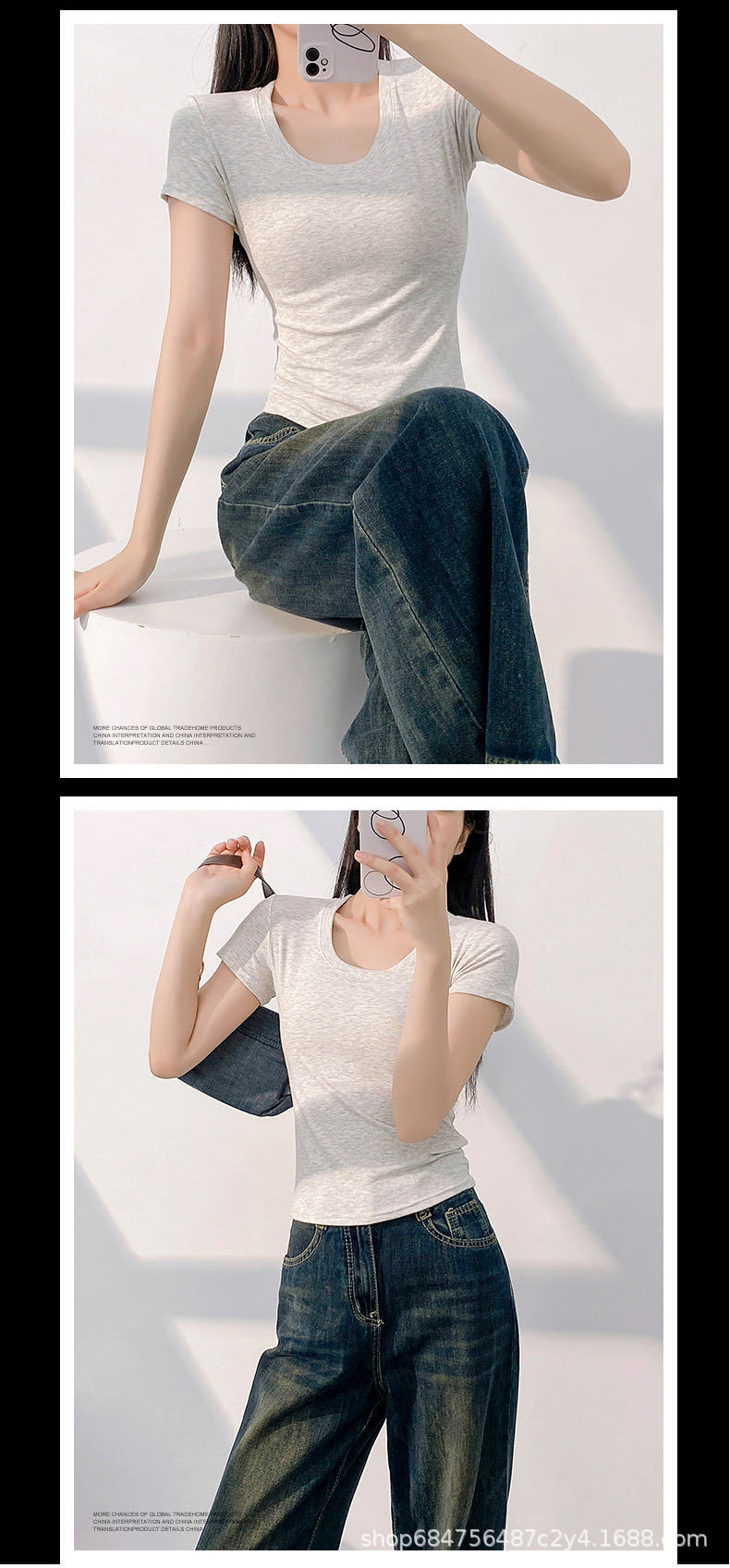 美式修身短袖T恤女2025夏季新款收腰圆领体恤甜辣短款小上衣打底详情8