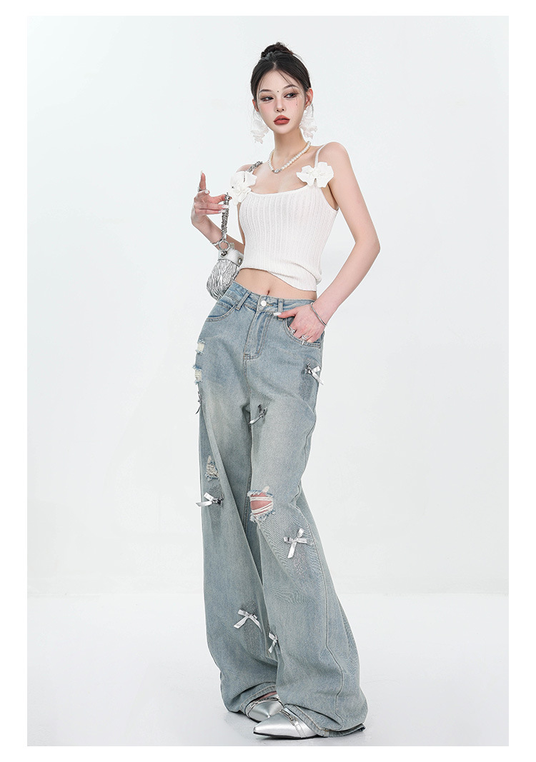 Large-sized retro three-dimensional bow ripped jeans for women with a summer design sense, high-waisted straight-leg loose wide-leg pants pic 11