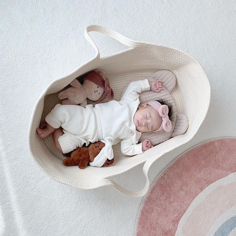 ins Nordic-style baby hand-held basket, portable pure cotton woven baby sleeping basket, foldable hand-held crib pic 18